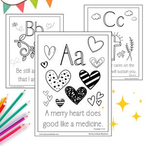 ALPHABET Coloring Sheet Bundle, Bible Memory Verses, Pre-K Class, ABC Pages, Elementary Sheets, ABC Bible Craft Activity, Kindergarten Kids