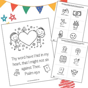 May include: Black and white line art printables. One features children holding a heart, with text from Psalm 119:11. The other two show examples of things we don't and should want in our hearts, including video games, money, and forgiveness.