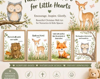 Woodland Animal Christian Nursery Wall Art Set | Bible Verse Prints for Kids
