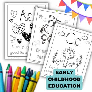 Hojas del alfabeto para educación temprana en edad preescolar, libro de versículos bíblicos del abecedario, letras del alfabeto para colorear, recurso bíblico para preescolar, ayuda didáctica