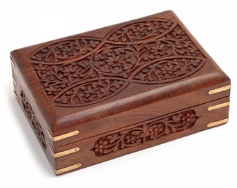 Ornate Hand Carved Wooden Tarot Card/Trinket Box with Brass Corners 
