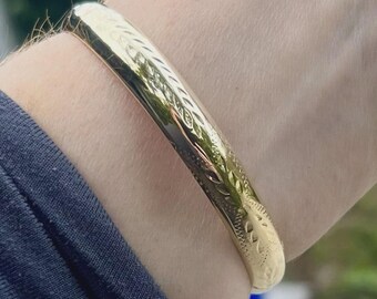 Pulsera articulada de oro amarillo macizo de 14k - 8,88 gramos/8 mm, grabado floral vintage con corte de diamante