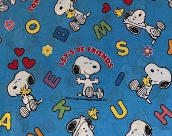 Vintage Snoopy & Woodstock 'Lets Be Friends' Flat Twin Bedsheet Letters Hearts Flowers Love Retro