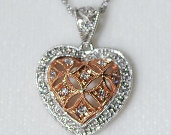 Filigree Heart Pendant w/Chain 14k Rose & White Gold Diamond (28 Round) Sl2/G 5.66g Total Weight