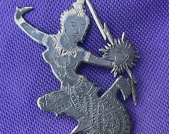 Vintage Siam Thai 925 Sterling Silver Niello Enamel Lightning Goddess Pin Brooch