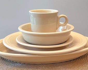 Vintage Homer Laughlin Fiesta Dinnerware Set w/ Platter, Dinner Plate, Saucer, Cereal Bowl & Mug in Ivory- Retired/Excellent Condition