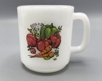 Vintage Glasbake Milk Glass Mug with Garden/Vegetable Design