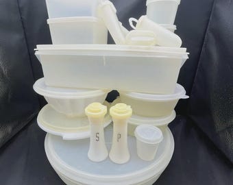 VTG Sheer Tupperware Container Set Large Lot 40+ Complete W/ Lids Salt & Pepper Shakers
