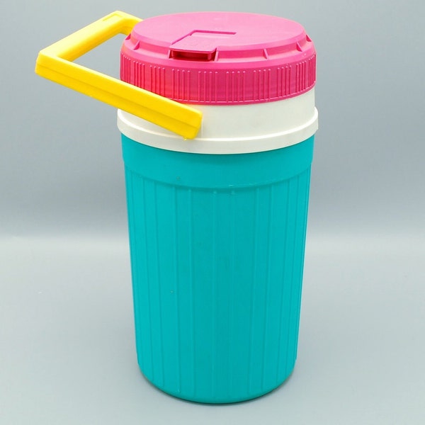 Vintage 90s 2000s Hot Pink, Teal & Yellow IGLOO Personal 1/2 Gallon/64 Ounce Insulated Water Cooler/Jug with Carrying Handle Y2K Aesthetic