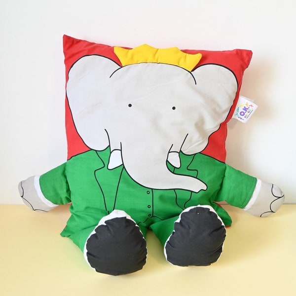 Coussin Babar rigolo avec bras et jambes, vintage