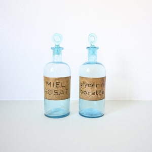 2 jars, glass, old, French apothecary type - Blue
