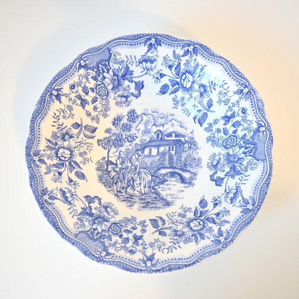 Saladier, plat creux de service, en céramique, blanc et bleu, motif type toile de jouy