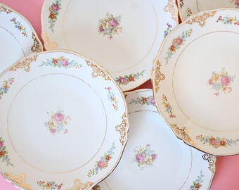 Lot de 6 assiettes à dessert, fleuris, bords dorés, ancienne, en porcelaine de Limoges