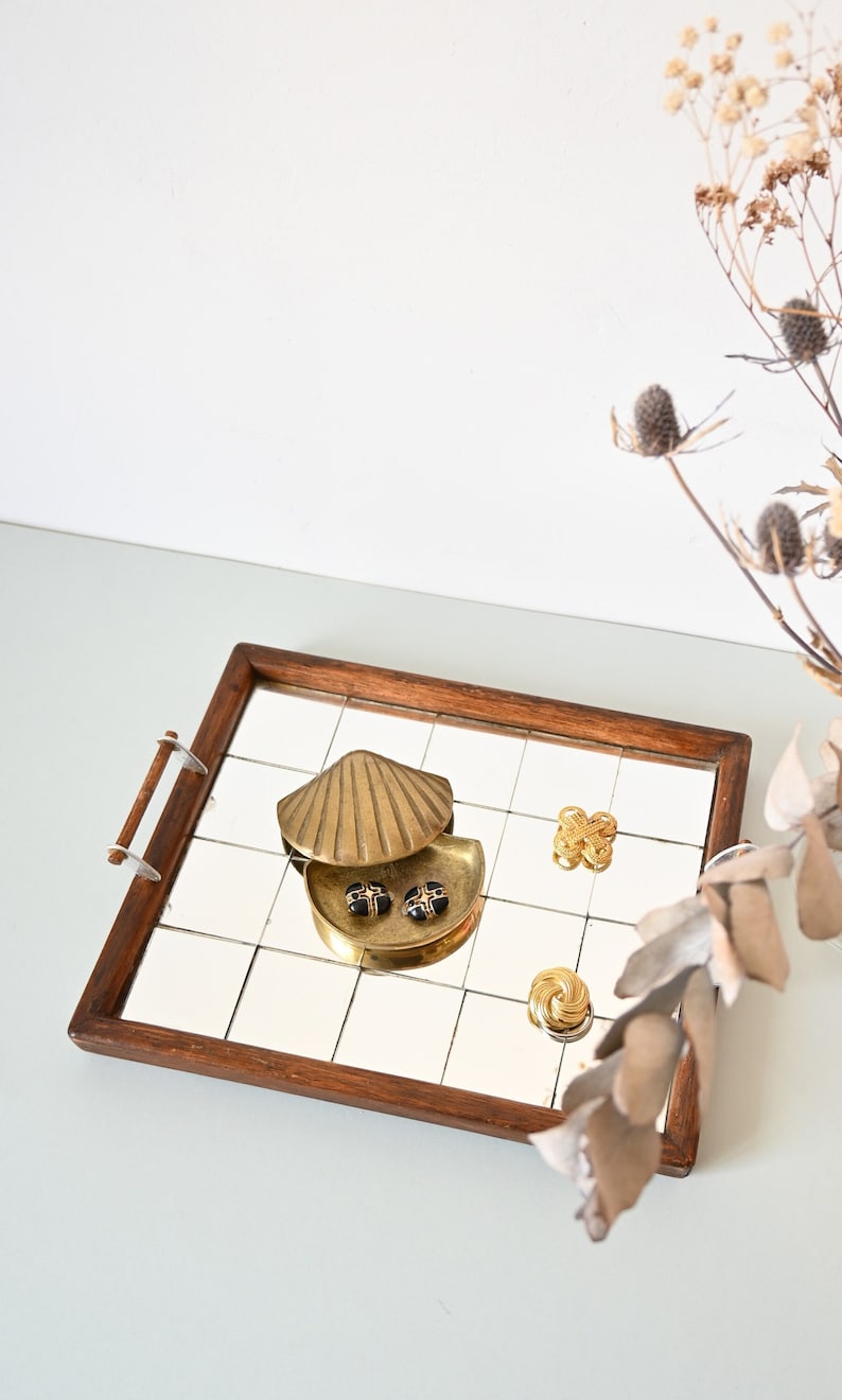 Plateau miroir en bois, vintage, effet boule à facettes image 1