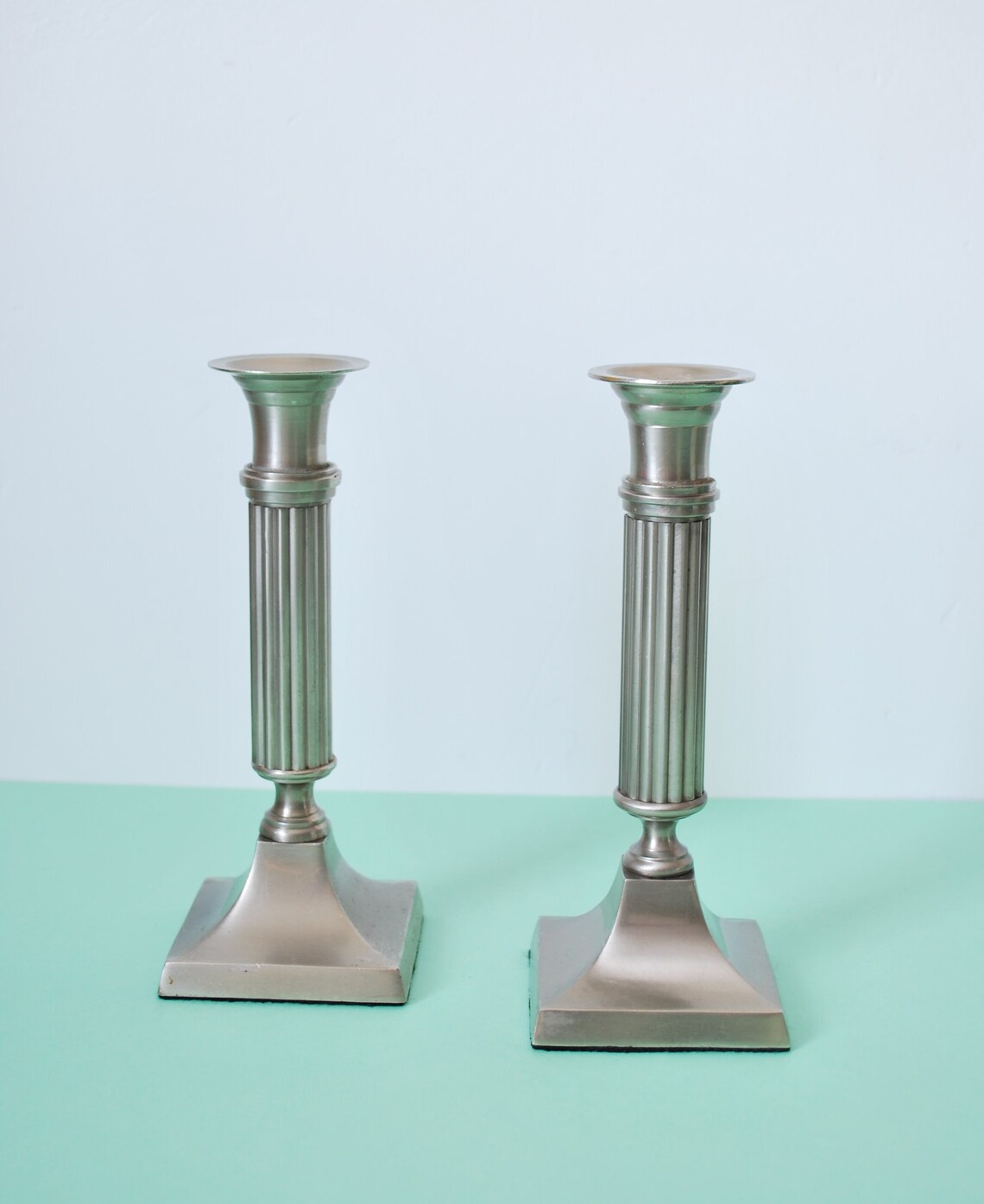 Pair of silver metal candlesticks Etsy