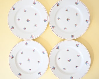 4 Assiettes printanières plates, motif floral bleu et rose, anciennes