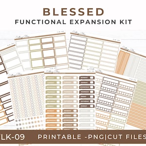 May include: A collection of printable planner stickers in various shapes and sizes. The stickers feature a neutral color palette with shades of brown, beige, and orange. The text "BLESSED FUNCTIONAL EXPANSION KIT" is at the top, with "FLK-09" and "PRINTABLE -PNG|CUT FILES" at the bottom.