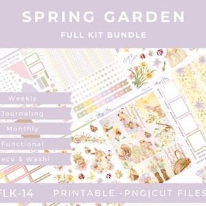 May include: A Spring Garden full kit bundle with printable PNG cut files. The kit includes weekly, journaling, monthly, functional, deco, and washi elements. The design features floral and bunny illustrations with pastel colours.