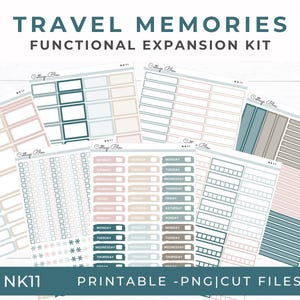 May include: A collection of printable planner stickers with the text "TRAVEL MEMORIES FUNCTIONAL EXPANSION KIT." The stickers feature various designs, including boxes, checklists, and day-of-the-week labels in shades of pink, beige, and teal. The text "NK11" and "PRINTABLE -PNG|CUT FILES" are also visible.