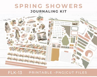 May include: A journaling kit with a spring theme. The kit includes sticker sheets with illustrations of umbrellas, flowers, and butterflies. The text "SPRING SHOWERS JOURNALING KIT" is at the top. The bottom of the image reads "FLK-13 PRINTABLE - PNG | CUT FILES".