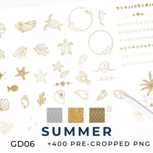 Summer Digital Glitter Stickers, Digital Planning Deco, Vacation, Sea, Beach, Pre-cropped PNG, GD06
