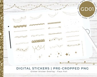 DIGITAL Gold Glitter Foil Stickers, Digital Planning Deco, Bujo, Scrapbook, Pre-cropped PNG, Goodnotes GD01