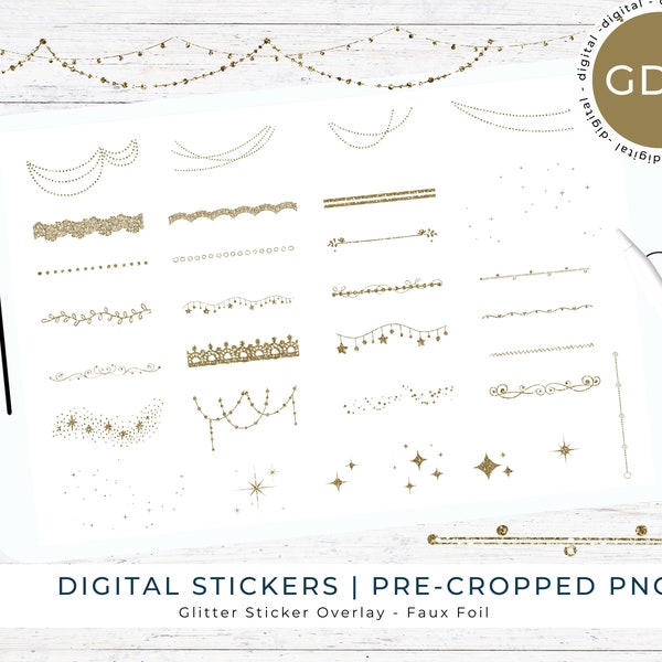 DIGITAL Gold Glitter Foil Stickers/ Digital Planner/ Memory / Bujo / Scrapbook / Pre-cropped PNG / Goodnotes GD01