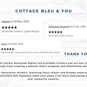 May include: A digital art print featuring the text "COTTAGE BLEU & YOU" and customer reviews. The print includes the text "THANK YOU!" and a description of digital and printable stickers with floral clipart and watercolor illustrations.