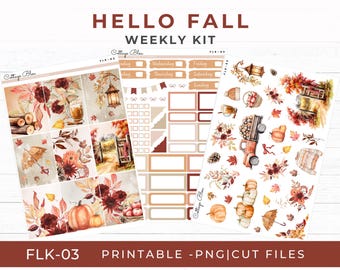 May include: A planner kit with a fall theme. The kit includes stickers and decorative elements with images of pumpkins, leaves, and autumn scenes. The text "HELLO FALL WEEKLY KIT" is displayed at the top. The kit is labeled "FLK-03" and is printable.