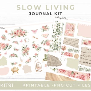 Printable Journaling Stickers, Slow Living Cottagecore Floral, Scrapbook Sticker Sheet, Silhouette & Cricut Compatible, KIT91
