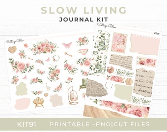 Printable Journaling Stickers, Slow Living Cottagecore Floral, Scrapbook Sticker Sheet, Silhouette & Cricut Compatible, KIT91
