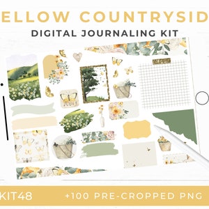 Autocollants numériques pour journal de printemps, papillon jaune, campagne printanière, PNG pré-recadré pour Goodnotes, KIT48R