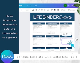 Emergency Planner Life Binder Canva Template Document Organizer, Family Binder In Case Of Emergency, Personalised Filing System