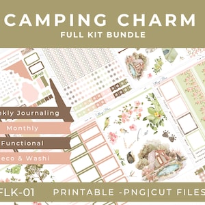 May include: A planner kit with a camping theme. The kit includes printable stickers and cut files with floral and nature-inspired designs. Text includes "CAMPING CHARM" and "FULL KIT BUNDLE". The kit includes weekly, monthly, functional, deco, and washi elements.