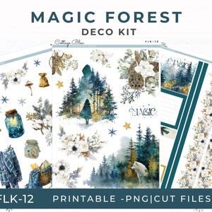 Puede incluir: Un conjunto de pegatinas imprimibles para planificador con el tema "Bosque Mágico". Los diseños presentan ilustraciones en acuarela de una escena de bosque, una persona, un lobo y varios elementos florales y del bosque. El texto "MAGIC FOREST DECO KIT" se muestra en la parte superior.