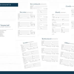 May include: Financial document checklists with sections for various account types, such as income, investments, and loans. The forms are printed on white paper with a minimalist design and headings in a dark teal colour.