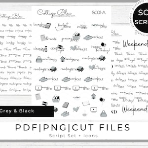 May include: A set of printable planner stickers in black and white with a variety of phrases and icons. The phrases include "workout", "reading time", "grocery shop", "family time", "datenight", "happy birthday", "weekend", and more. The icons include a shopping bag, a book, a heart, a play button, and more.