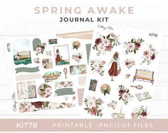 Kit de diario de pegatinas de primavera imprimible, imágenes prediseñadas florales, diario Cottagecore, listo para lámina, Silohuette y pegatina Cricut KIT78