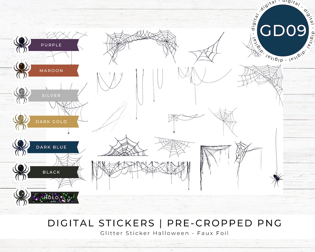 Spider Web Digital Halloween Sticker Glitter Pre-cropped Overlay ...