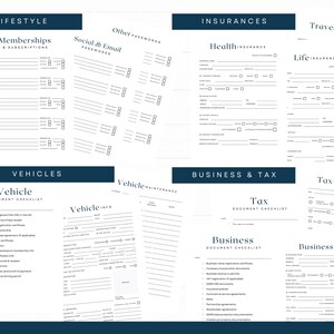 May include: Printable planner pages with headings including "Lifestyle," "Insurances," and "Vehicles." The pages are white with dark blue headings and text, designed for organizing information.