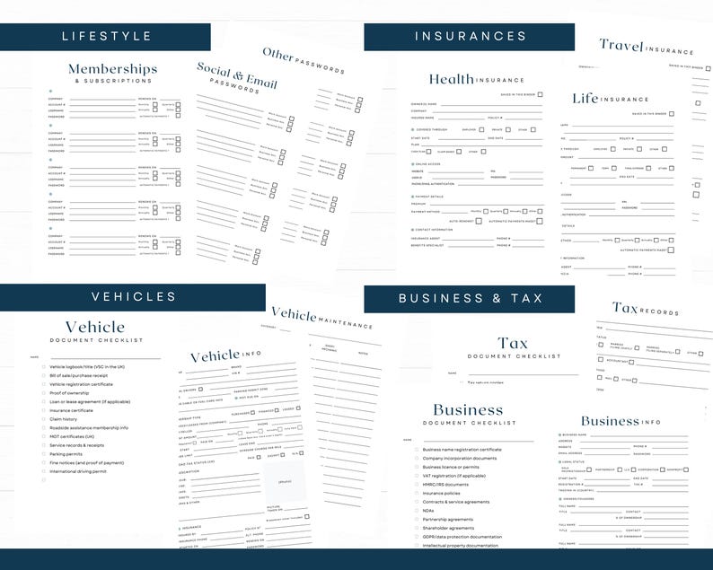 May include: Printable planner pages with headings including "Lifestyle," "Insurances," and "Vehicles." The pages are white with dark blue headings and text, designed for organizing information.