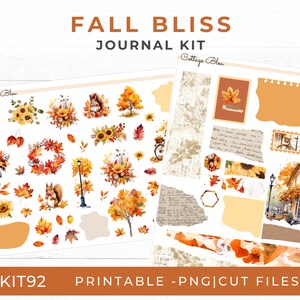 Könnte beinhalten: Druckbarer Herbst-Journal-Kit mit Stickern und Dekoelementen. Das Kit enthält Bilder von Sonnenblumen, Blättern, Eichhörnchen, einem Fahrrad, einer Straßenszene und einer handschriftlichen Notiz. Der Text "Cottage Bleu" und "KIT 92" ist ebenfalls enthalten.