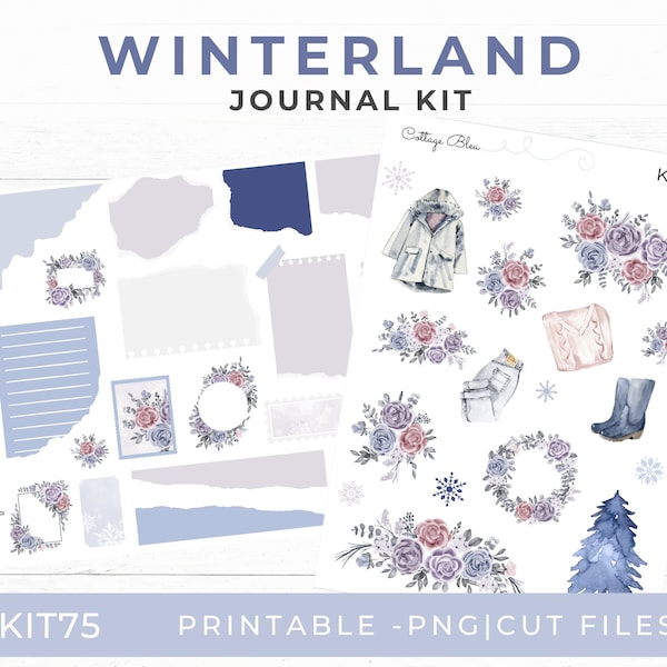 Druckbare Journal-Aufkleber, Winter-Journaling-Kit mit Blumendeko, Cricut- und Silhouette-Schnittdateien KIT75