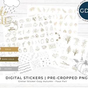 Adesivi digitali glitterati autunnali, argento e oro, sovrapposizioni per planner digitali, autunno, decorazioni per album digitali, PNG pretagliati, GoodNotes, GD07
