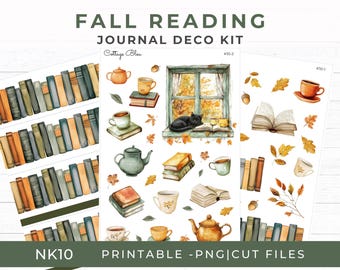 May include: A printable journal deco kit with a fall reading theme. The design features watercolor illustrations of books, teacups, teapots, autumn leaves, and a black cat. The text "FALL READING JOURNAL DECO KIT" is at the top.