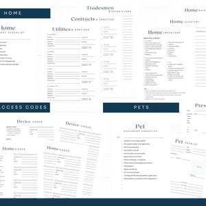 May include: Printable checklists and forms for home organization, including home inventory, tech access codes, and pet details. The pages have a clean, minimalist design with headings in a dark blue box.