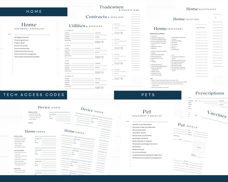 May include: Printable checklists and forms for home organization, including home inventory, tech access codes, and pet details. The pages have a clean, minimalist design with headings in a dark blue box.
