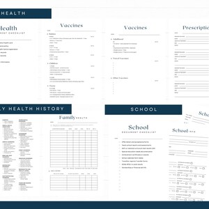 May include: A set of printable health and school document checklists and forms. The documents include sections for health, vaccines, prescriptions, family health history, and school information. The text is in a dark blue font on a white background.