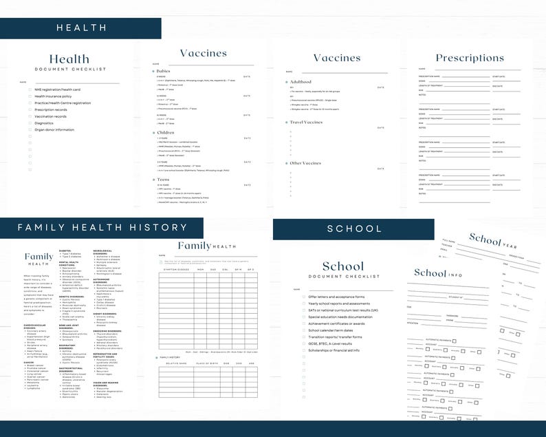 May include: A set of printable health and school document checklists and forms. The documents include sections for health, vaccines, prescriptions, family health history, and school information. The text is in a dark blue font on a white background.