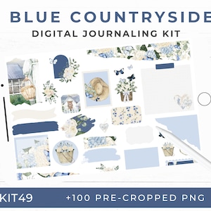 Adesivi per diario digitale estivo, campagna con farfalle blu, adesivi digitali per bujo e album, PNG pretagliati, KIT49R